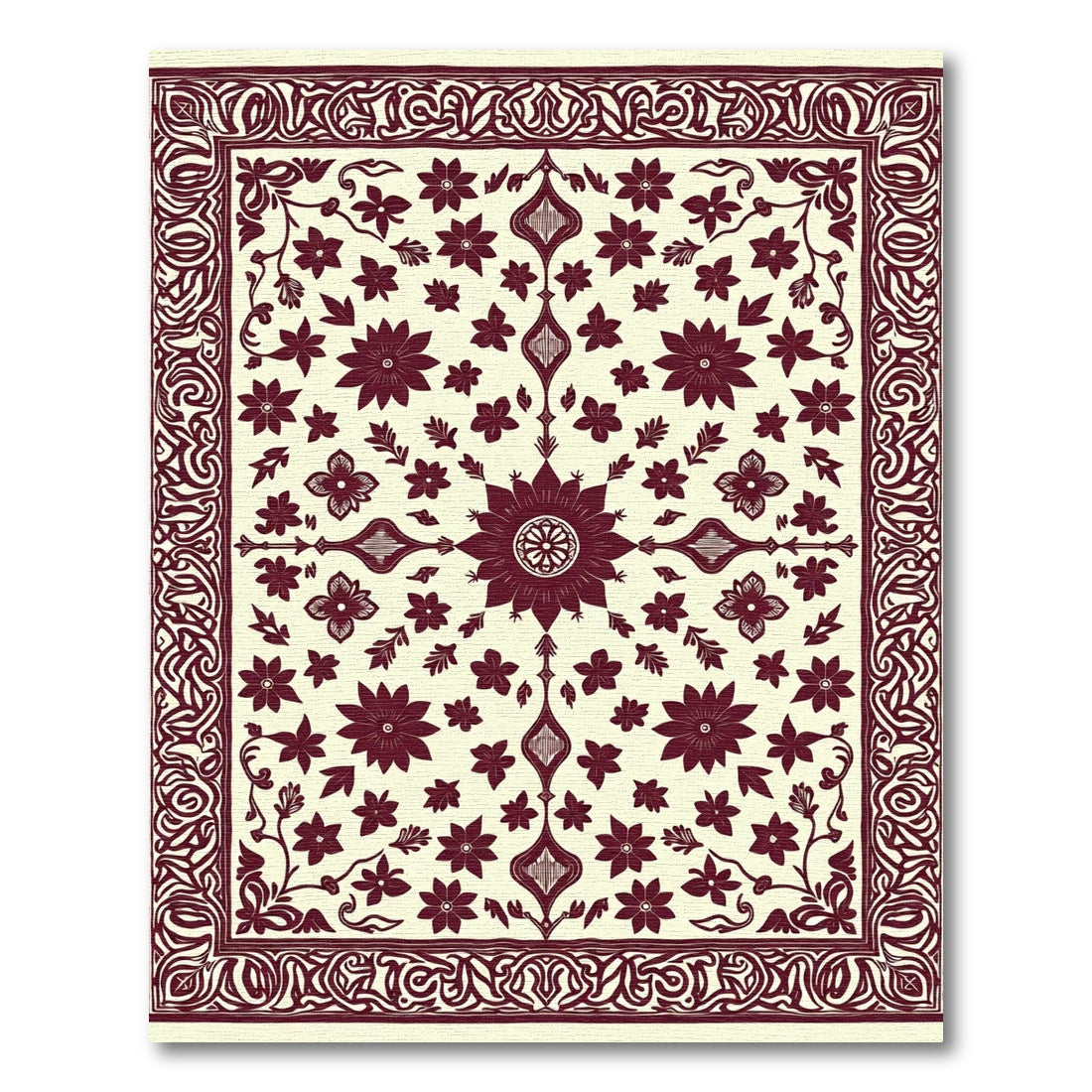 Deep Red Floral Meadow Border Rug