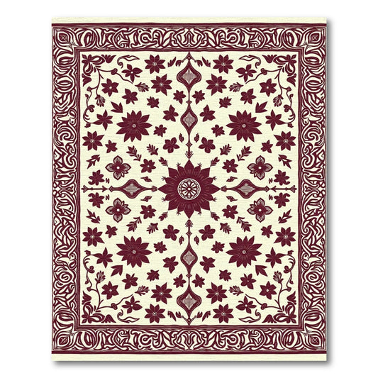 Deep Red Floral Meadow Border Rug