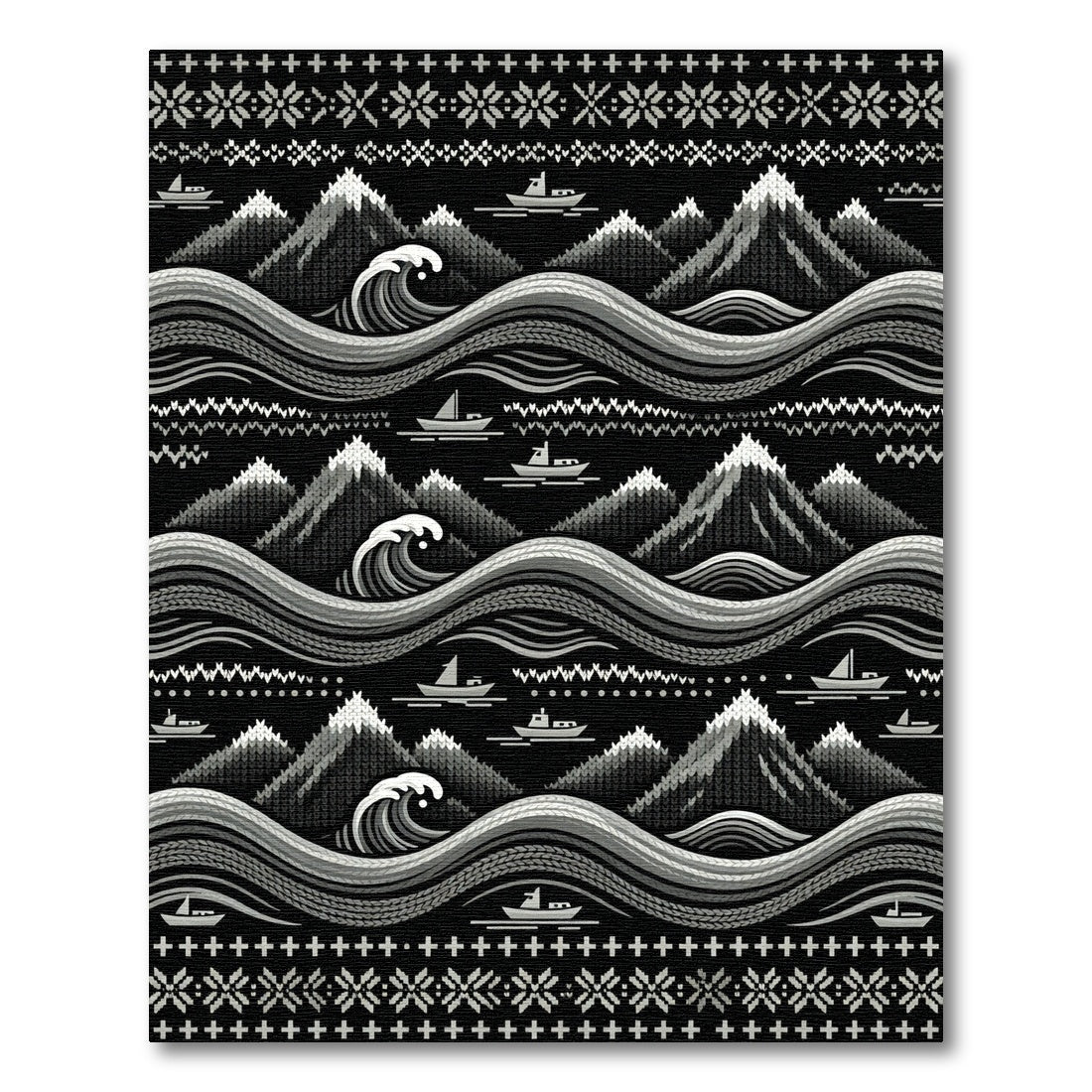 Monochromatic Mountain Wave Boat Scene Rug