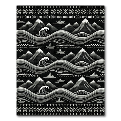 Monochromatic Mountain Wave Boat Scene Rug