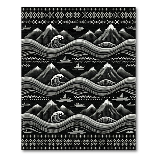 Monochromatic Mountain Wave Boat Scene Rug