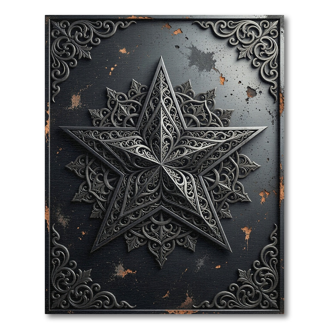 Intricate Black Steel Star With Filigree Swirls Rug