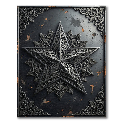 Intricate Black Steel Star With Filigree Swirls Rug