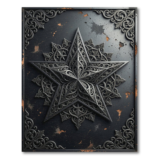 Intricate Black Steel Star With Filigree Swirls Rug