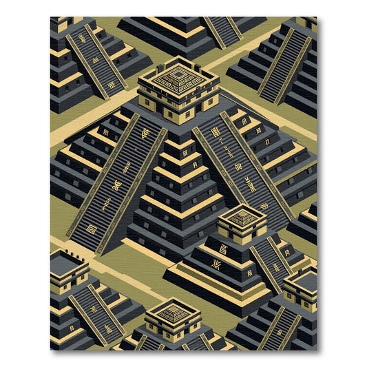 Isometric Black and Golden Step Pyramid Rug