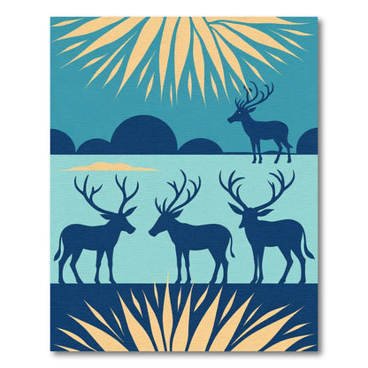 Cyan Silhouette Deer Serene Landscape Rug