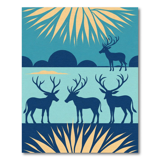 Cyan Silhouette Deer Serene Landscape Rug