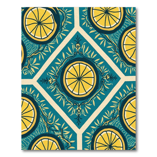 Teal Yellow Citrus Medallion Art Rug