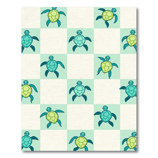Playful Aqua Blue Turtle Checkered Rug