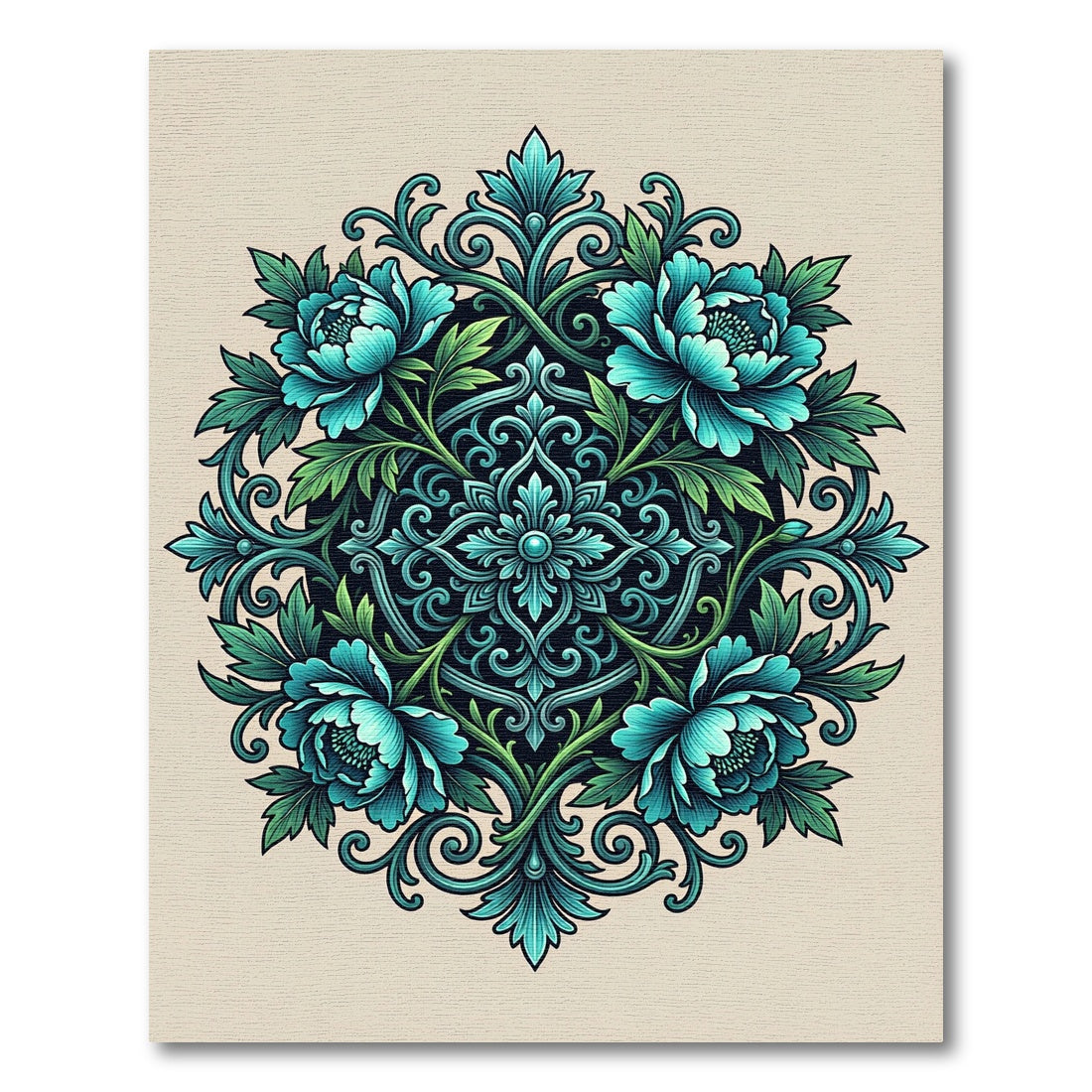 Elegant Turquoise Peony Floral Medallion Rug