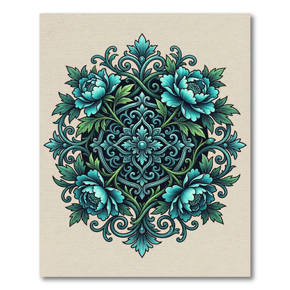 Elegant Turquoise Peony Floral Medallion Rug