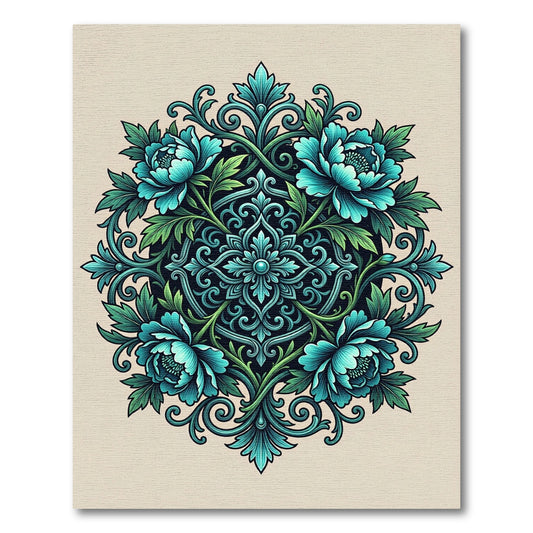 Elegant Turquoise Peony Floral Medallion Rug