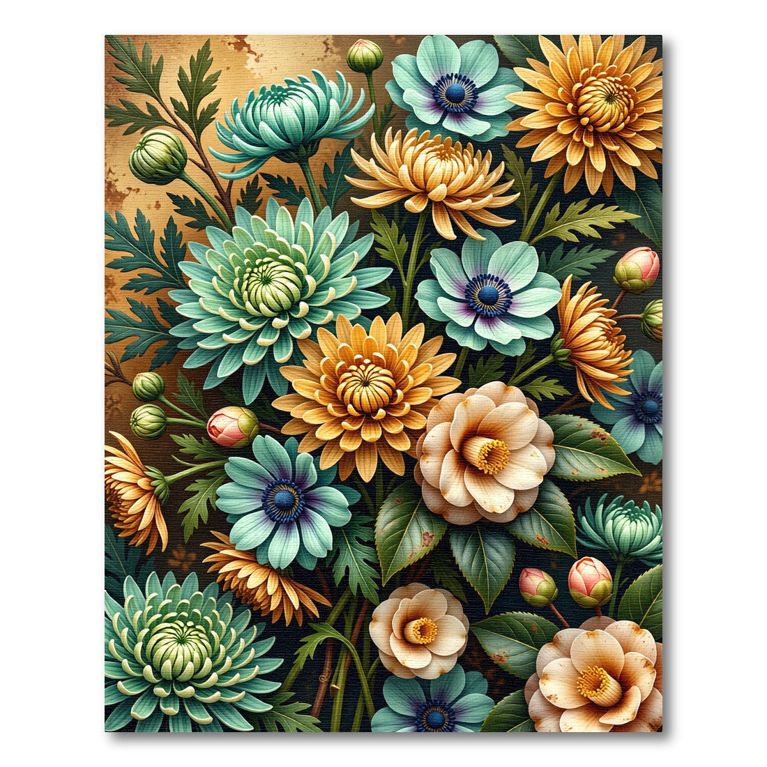 Golden Yellow and Jade Floral Bouquet Rug