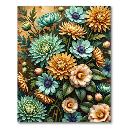 Golden Yellow and Jade Floral Bouquet Rug