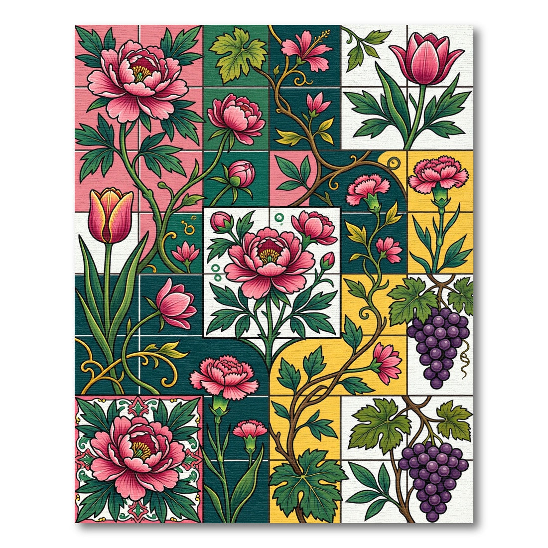 Vibrant Pink Floral Green Yellow Grids Rug