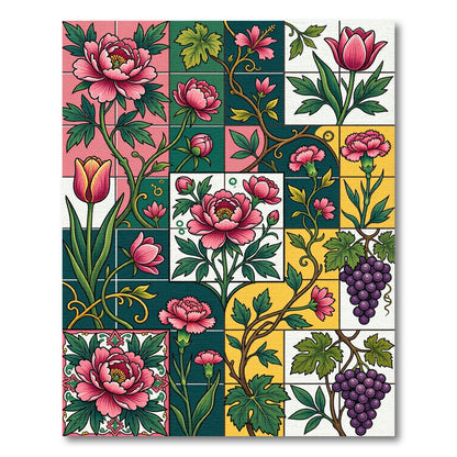 Vibrant Pink Floral Green Yellow Grids Rug