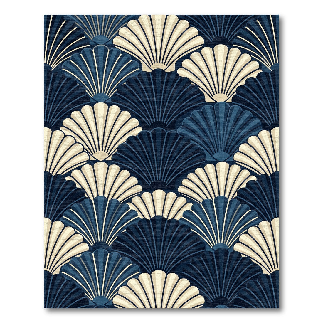 Elegant Navy and Cream Scalloped Shell Rug