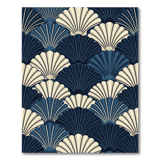 Elegant Navy and Cream Scalloped Shell Rug