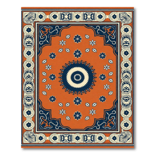 Orange and Navy Floral Medallion Rug