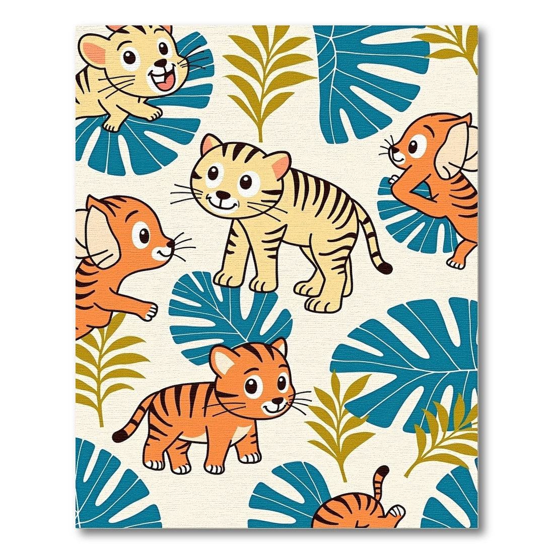 Cute Tiger Cubs Jungle Leaves Rug