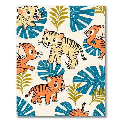 Cute Tiger Cubs Jungle Leaves Rug