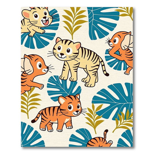 Cute Tiger Cubs Jungle Leaves Rug