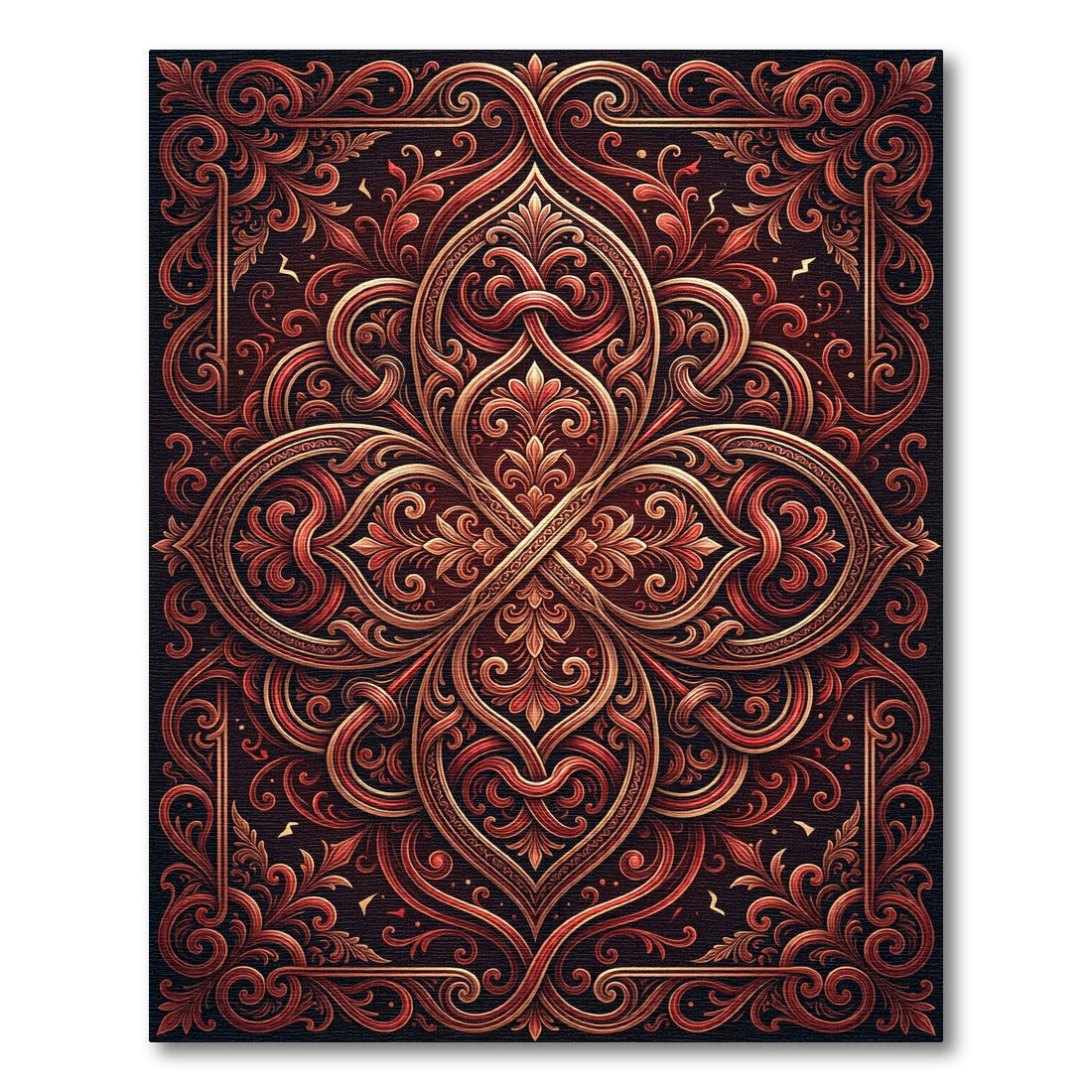 Intricate Red Gold Floral Ornament Rug