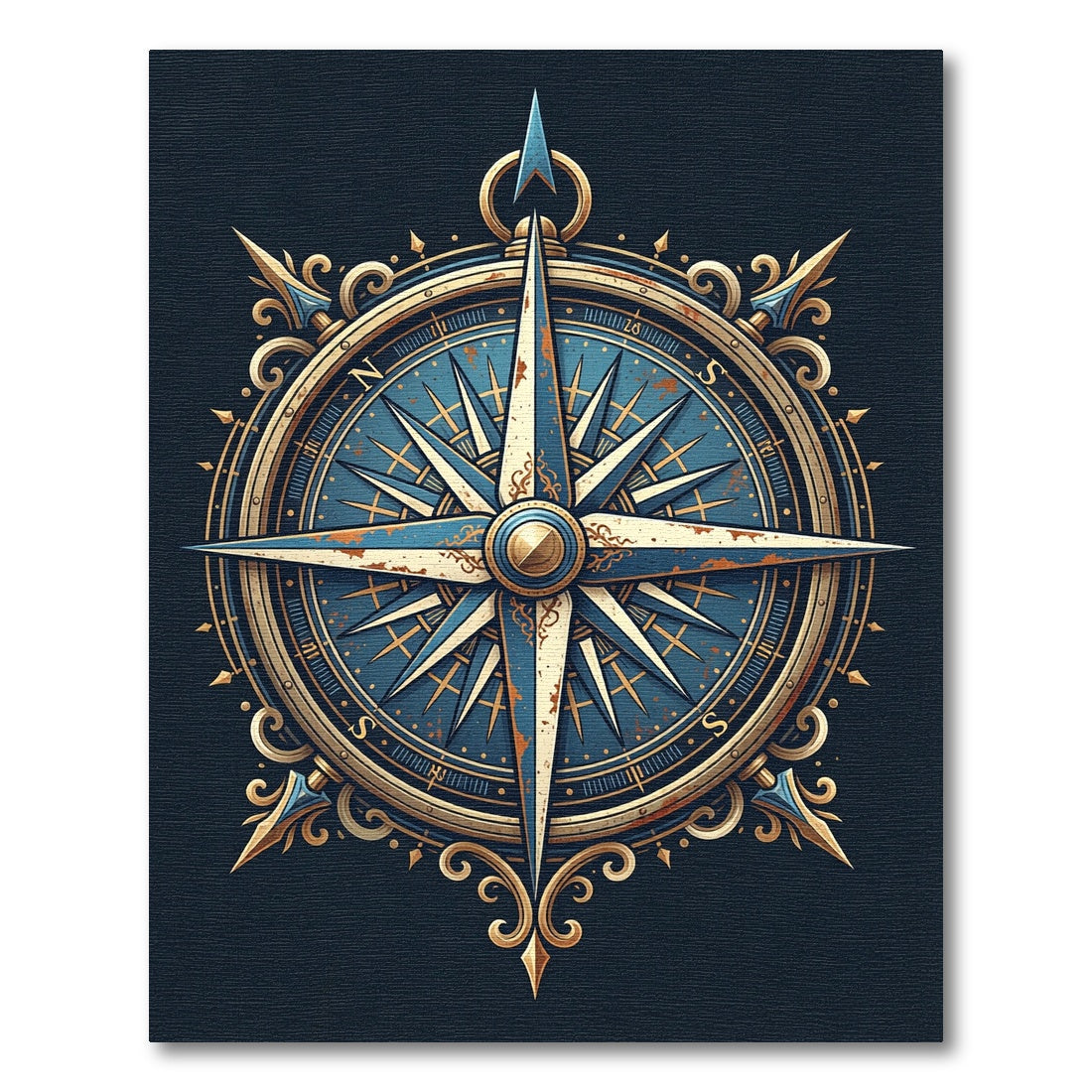 Antique Nautical Compass Navy Gold Rug