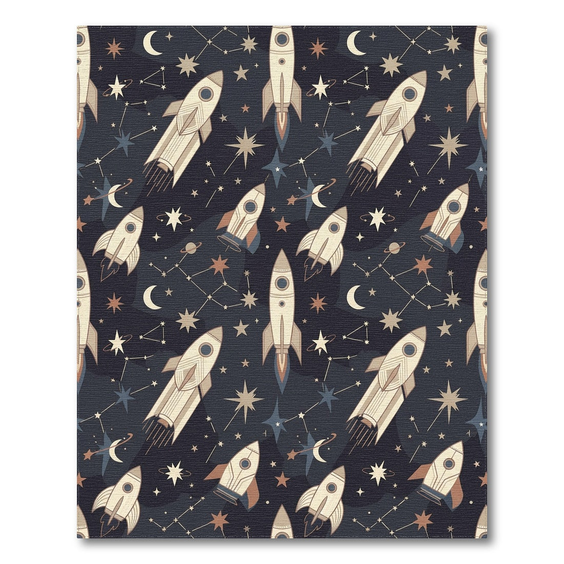 Starry Navy Rockets Crescent Moons Rug