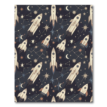 Starry Navy Rockets Crescent Moons Rug