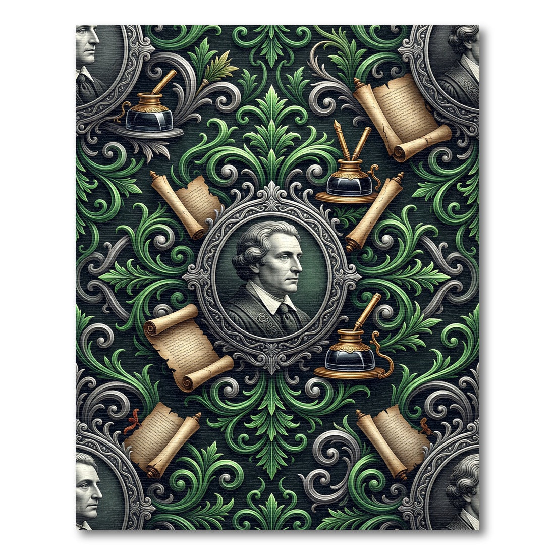 Historical Portrait Scroll Filigree Emerald Rug