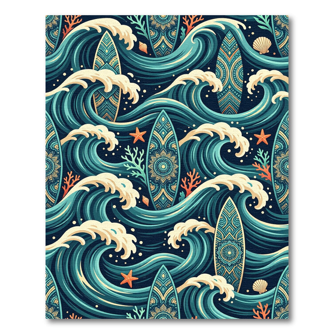 Teal Ocean Wave Surfboard Mandala Rug