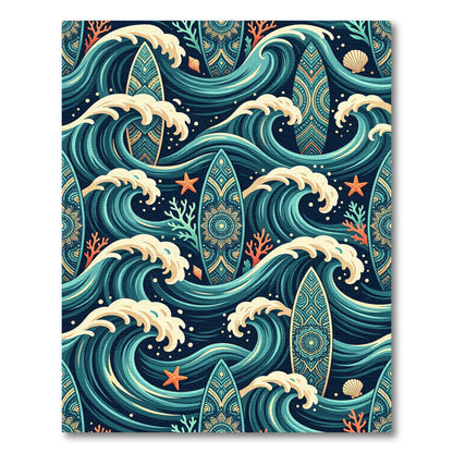 Teal Ocean Wave Surfboard Mandala Rug