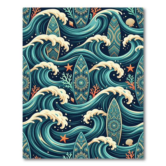 Teal Ocean Wave Surfboard Mandala Rug
