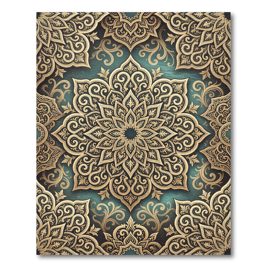 Luxurious Teal Gold Filigree Medallion Rug