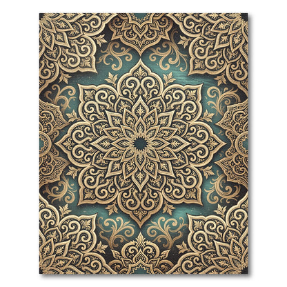 Luxurious Teal Gold Filigree Medallion Rug