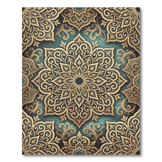 Luxurious Teal Gold Filigree Medallion Rug