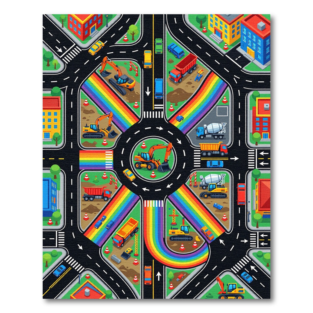 Constructive Rainbow City Construction Zone Roadway Rug