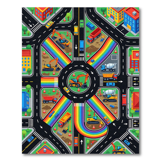 Constructive Rainbow City Construction Zone Roadway Rug