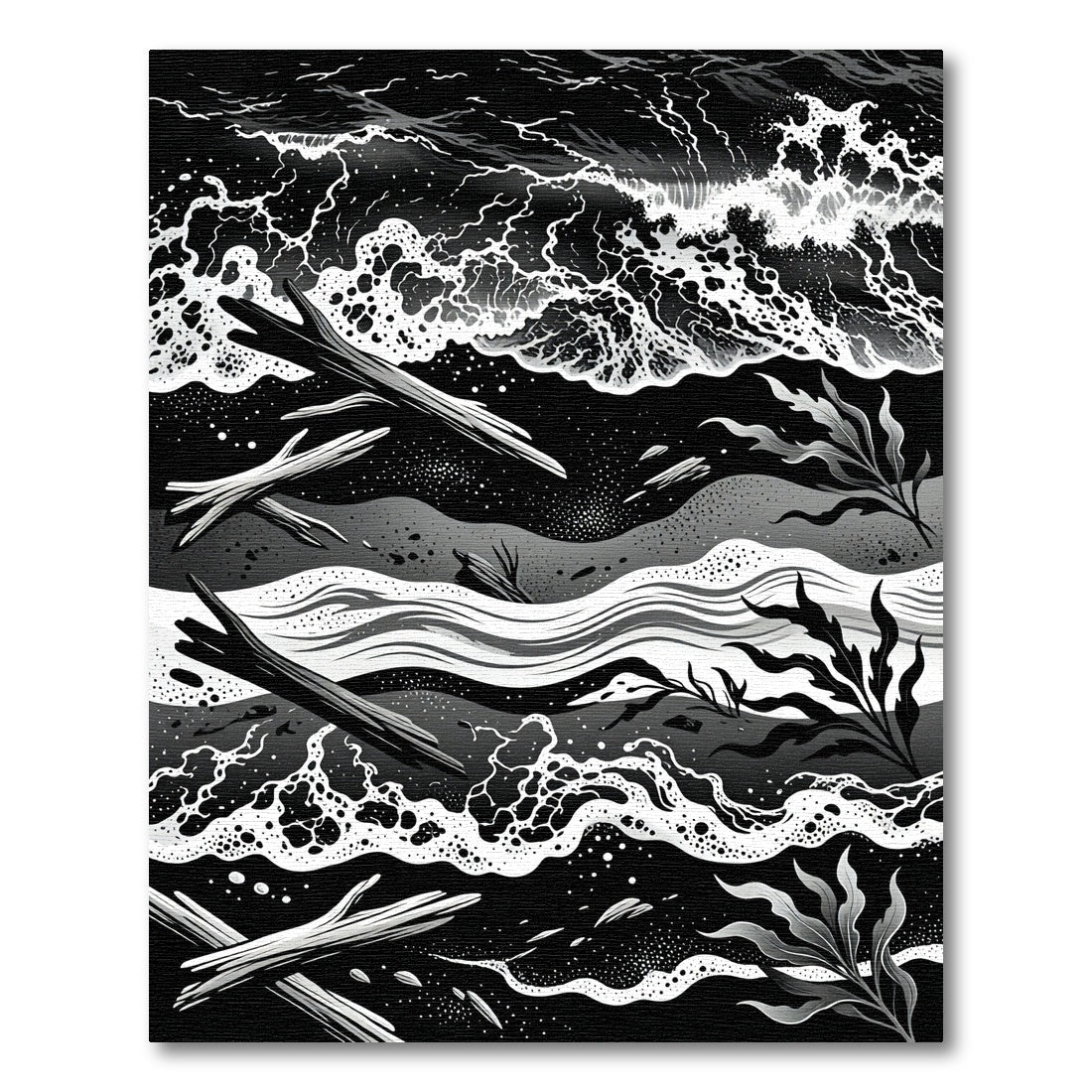 Monochrome Driftwood and Oceanic Wave Art Rug