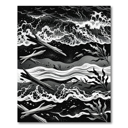 Monochrome Driftwood and Oceanic Wave Art Rug