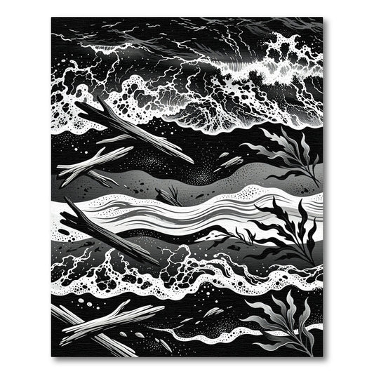 Monochrome Driftwood and Oceanic Wave Art Rug
