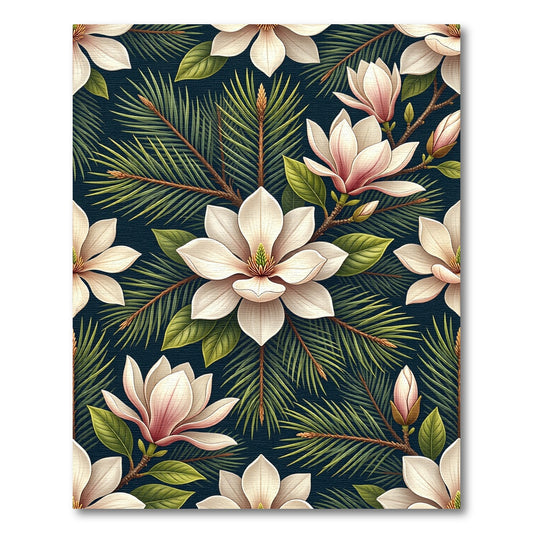 Magnolia Blossom and Pine Needle Navy Rug