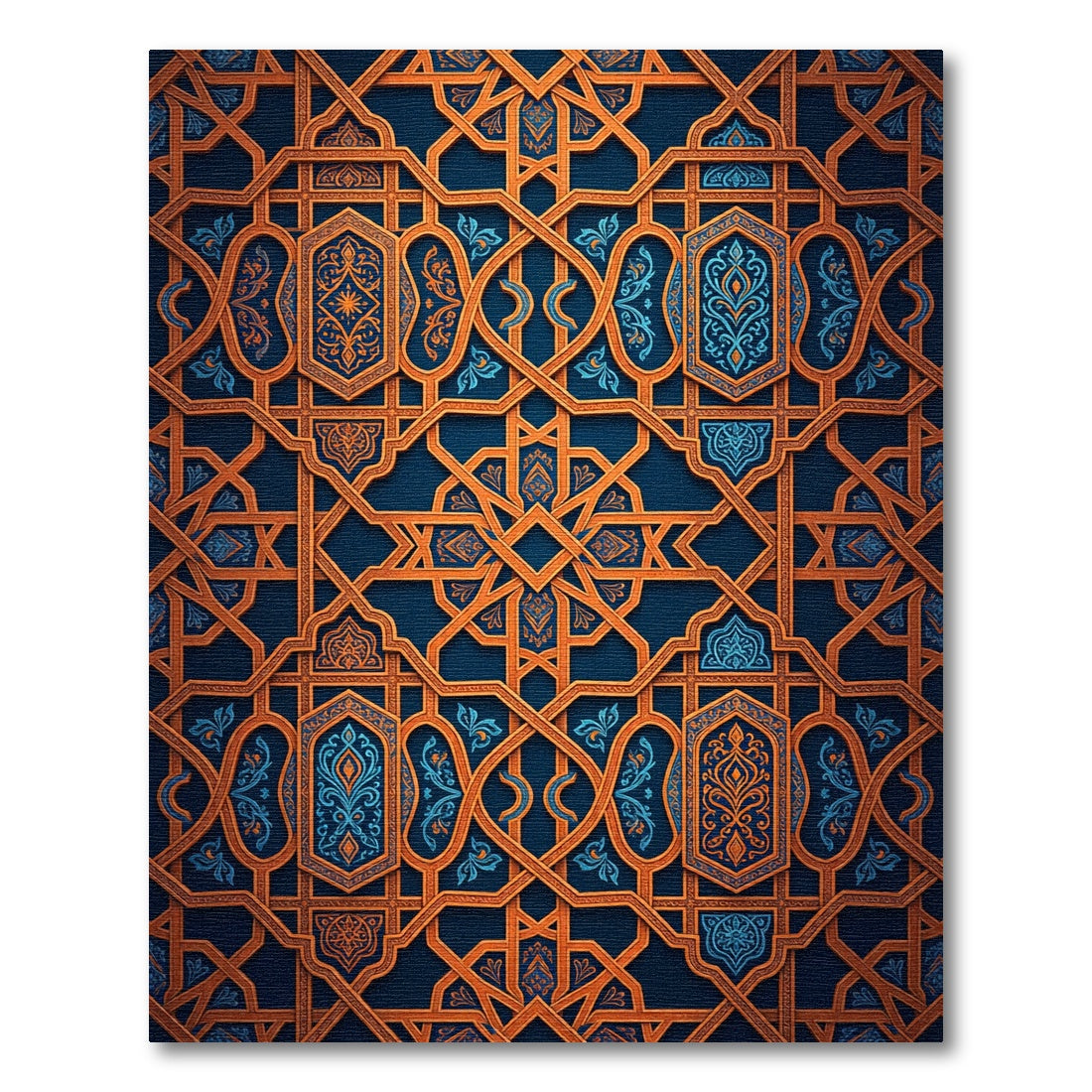 Ornate Copper and Navy Geometric Lattice Rug