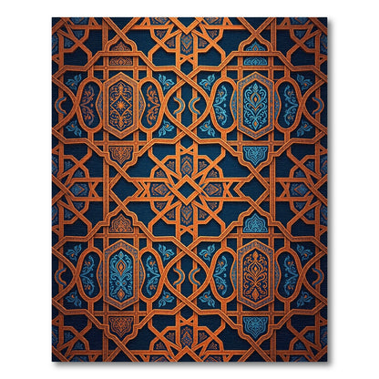 Ornate Copper and Navy Geometric Lattice Rug