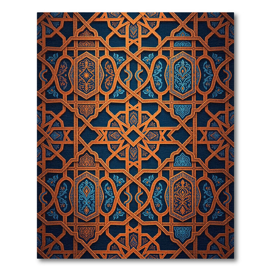 Ornate Copper and Navy Geometric Lattice Rug