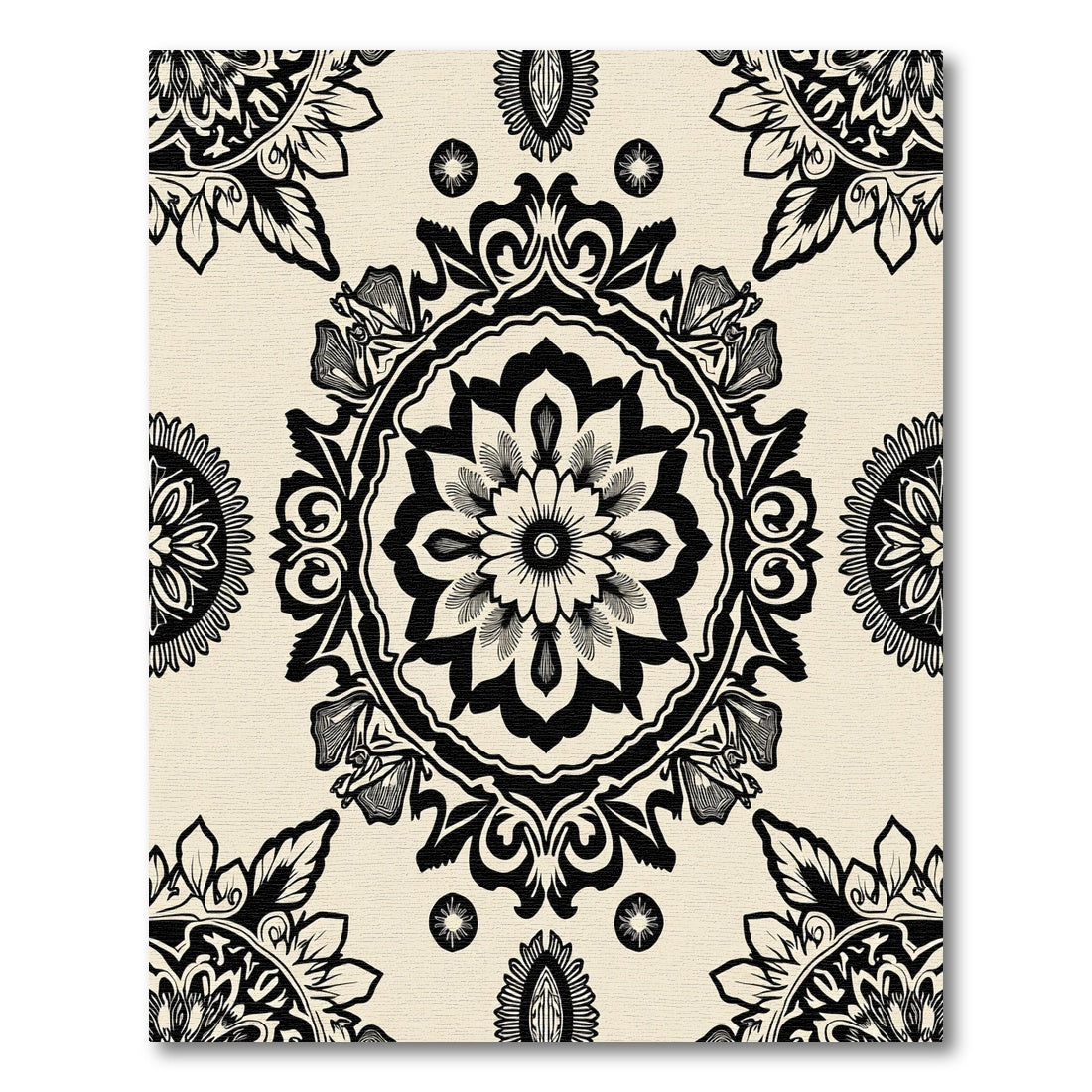 Cream Black Medallion Floral Arrangement Rug