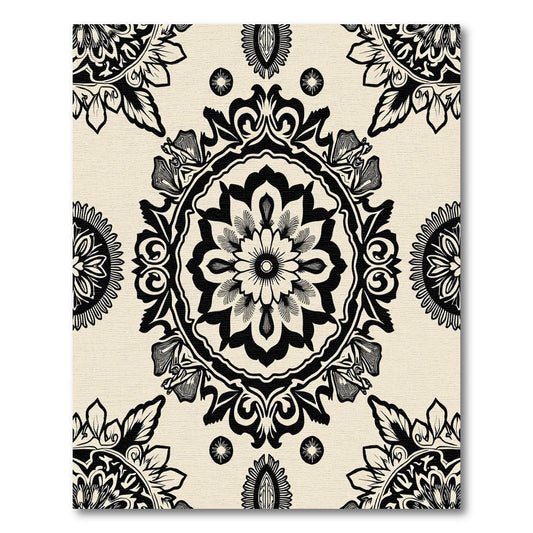 Cream Black Medallion Floral Arrangement Rug