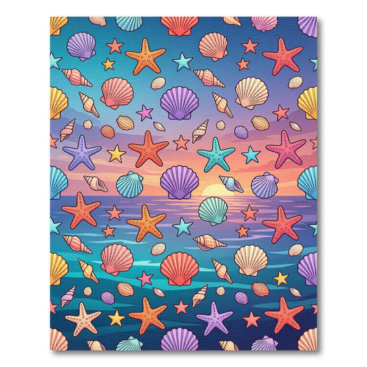 Coastal Sunset Seashell and Starfish Illustration Rug