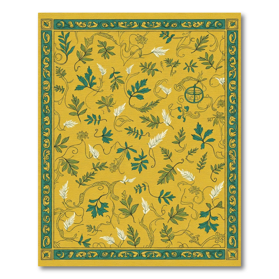 Golden Green Leafy Vine Border Rug